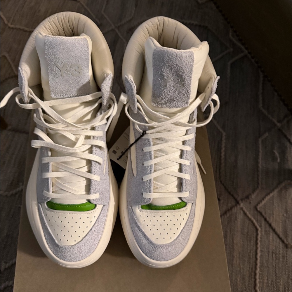 Y-3 Centennial HI White and Gray Sneakers with Green Detail